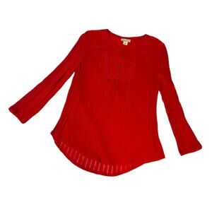 Lucky Brand Blouse Crochet Gauze Henley Top Red Long Sleeve Shirt Women M Casual